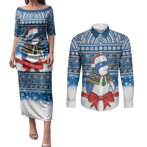 New Zealand Fairy Penguin Korora Christmas Couples Matching Puletasi and Long Sleeve Button Shirt Maori Inspired Knitted Patterns