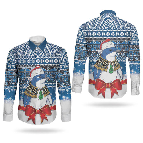New Zealand Fairy Penguin Korora Christmas Couples Matching Puletasi and Long Sleeve Button Shirt Maori Inspired Knitted Patterns