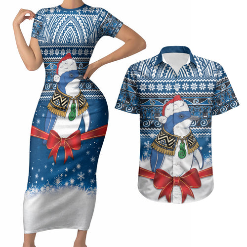 New Zealand Fairy Penguin Korora Christmas Couples Matching Short Sleeve Bodycon Dress and Hawaiian Shirt Maori Inspired Knitted Patterns