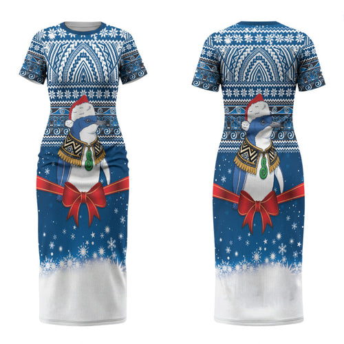 New Zealand Fairy Penguin Korora Christmas Couples Matching Short Sleeve Bodycon Dress and Hawaiian Shirt Maori Inspired Knitted Patterns