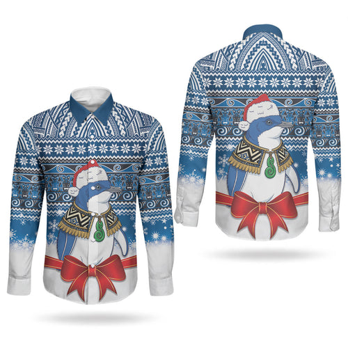 New Zealand Fairy Penguin Korora Christmas Couples Matching Short Sleeve Bodycon Dress and Long Sleeve Button Shirt Maori Inspired Knitted Patterns