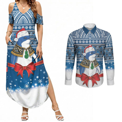 New Zealand Fairy Penguin Korora Christmas Couples Matching Summer Maxi Dress and Long Sleeve Button Shirt Maori Inspired Knitted Patterns