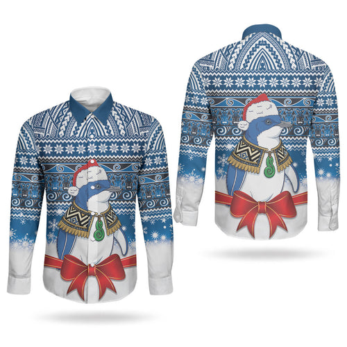 New Zealand Fairy Penguin Korora Christmas Couples Matching Summer Maxi Dress and Long Sleeve Button Shirt Maori Inspired Knitted Patterns