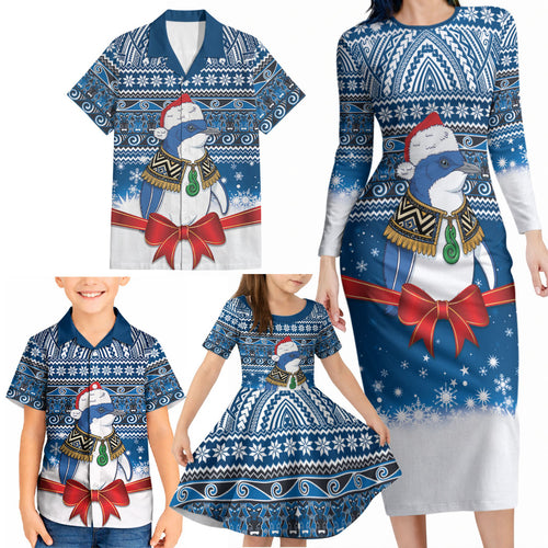 New Zealand Fairy Penguin Korora Christmas Family Matching Long Sleeve Bodycon Dress and Hawaiian Shirt Maori Inspired Knitted Patterns