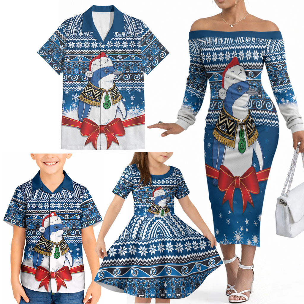 New Zealand Fairy Penguin Korora Christmas Family Matching Off The Shoulder Long Sleeve Dress and Hawaiian Shirt Maori Inspired Knitted Patterns
