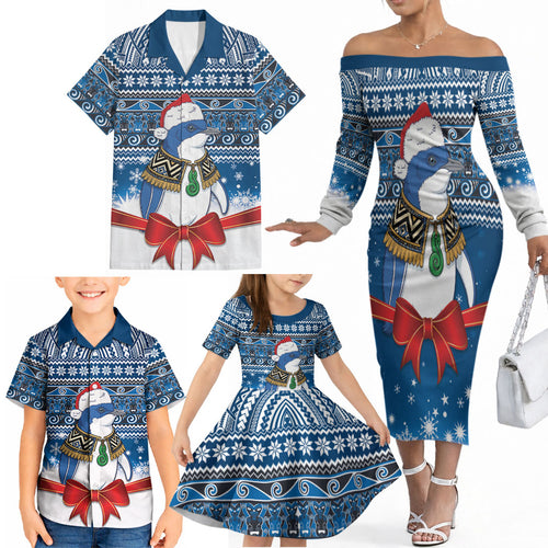 New Zealand Fairy Penguin Korora Christmas Family Matching Off The Shoulder Long Sleeve Dress and Hawaiian Shirt Maori Inspired Knitted Patterns