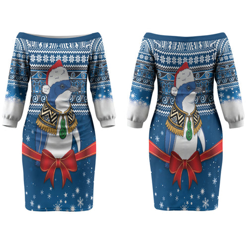 New Zealand Fairy Penguin Korora Christmas Family Matching Off The Shoulder Long Sleeve Dress and Hawaiian Shirt Maori Inspired Knitted Patterns