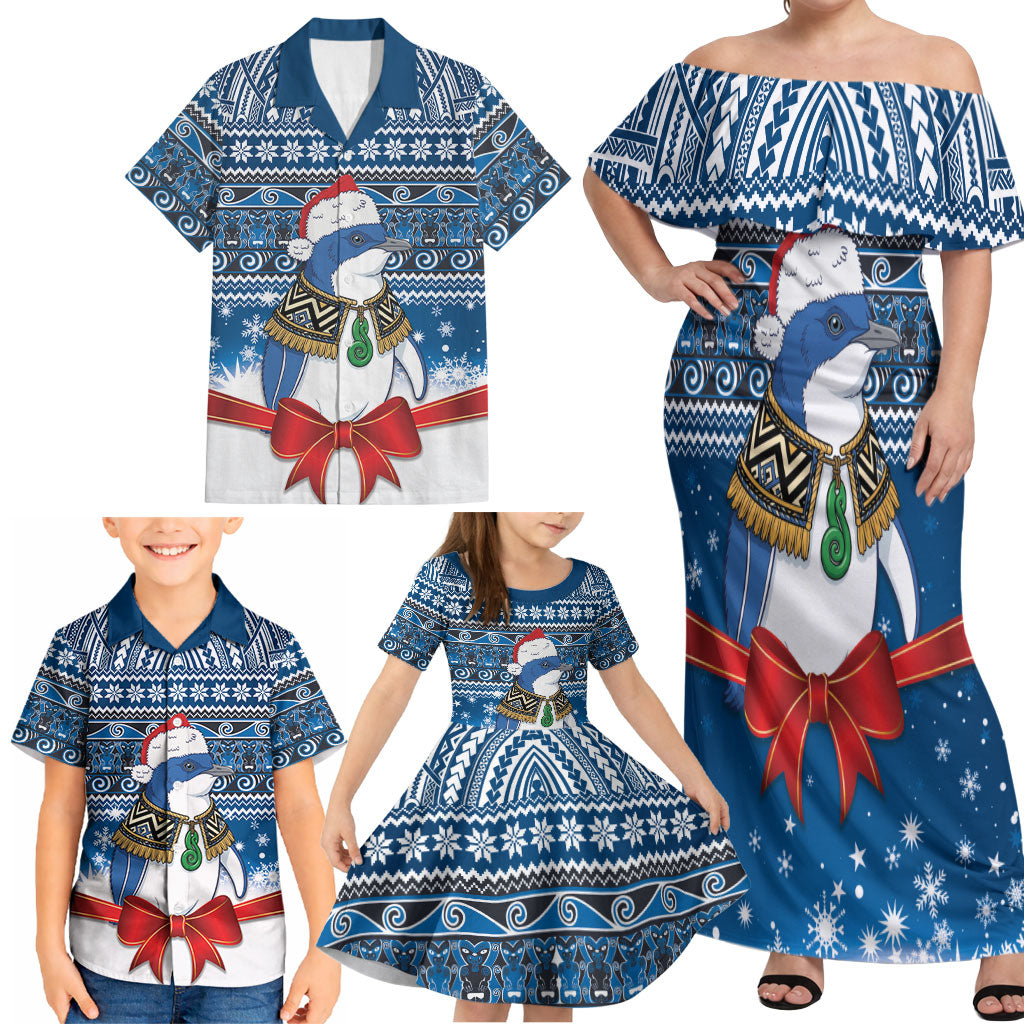 New Zealand Fairy Penguin Korora Christmas Family Matching Off Shoulder Maxi Dress and Hawaiian Shirt Maori Inspired Knitted Patterns