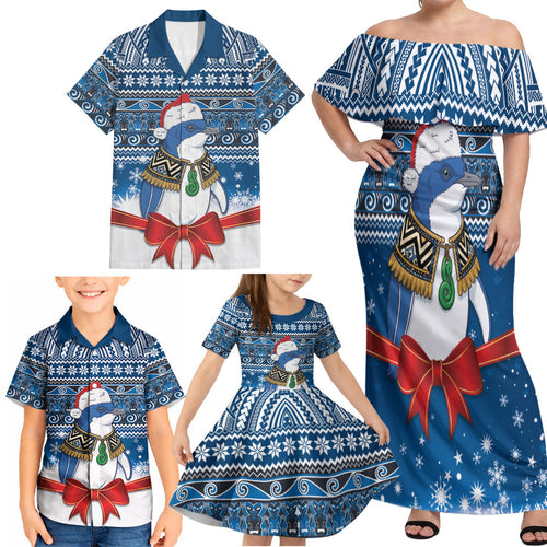 New Zealand Fairy Penguin Korora Christmas Family Matching Off Shoulder Maxi Dress and Hawaiian Shirt Maori Inspired Knitted Patterns