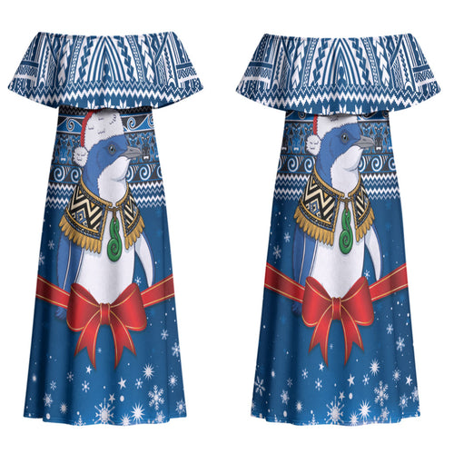 New Zealand Fairy Penguin Korora Christmas Family Matching Off Shoulder Maxi Dress and Hawaiian Shirt Maori Inspired Knitted Patterns