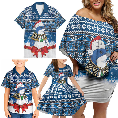 New Zealand Fairy Penguin Korora Christmas Family Matching Off Shoulder Short Dress and Hawaiian Shirt Maori Inspired Knitted Patterns