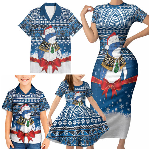New Zealand Fairy Penguin Korora Christmas Family Matching Short Sleeve Bodycon Dress and Hawaiian Shirt Maori Inspired Knitted Patterns