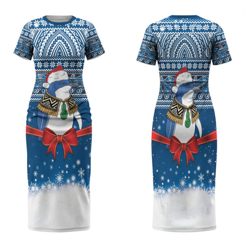 New Zealand Fairy Penguin Korora Christmas Family Matching Short Sleeve Bodycon Dress and Hawaiian Shirt Maori Inspired Knitted Patterns
