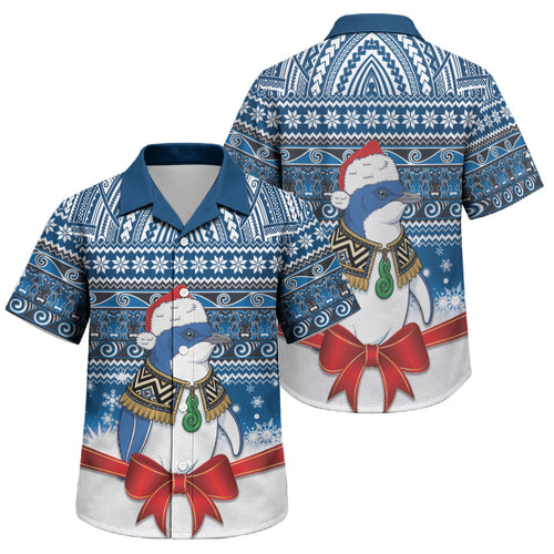 New Zealand Fairy Penguin Korora Christmas Family Matching Short Sleeve Bodycon Dress and Hawaiian Shirt Maori Inspired Knitted Patterns
