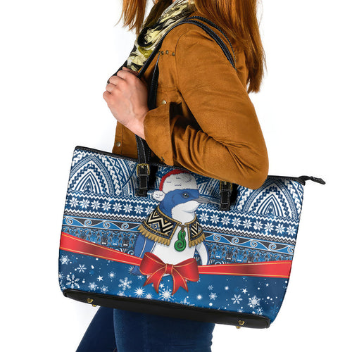 New Zealand Fairy Penguin Korora Christmas Leather Tote Bag Maori Inspired Knitted Patterns