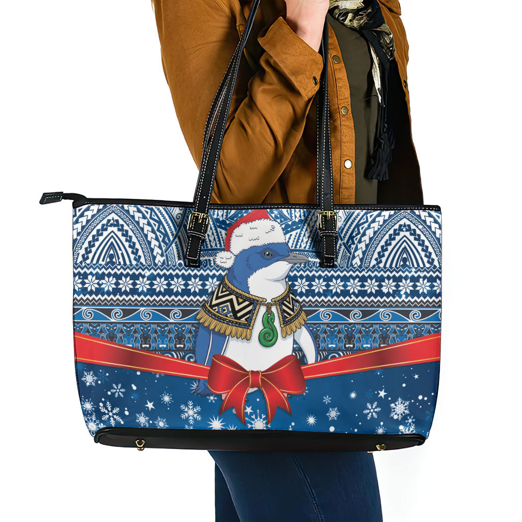 New Zealand Fairy Penguin Korora Christmas Leather Tote Bag Maori Inspired Knitted Patterns