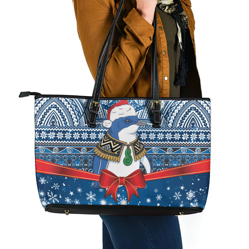 New Zealand Fairy Penguin Korora Christmas Leather Tote Bag Maori Inspired Knitted Patterns