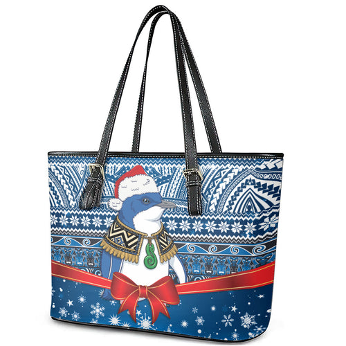 New Zealand Fairy Penguin Korora Christmas Leather Tote Bag Maori Inspired Knitted Patterns
