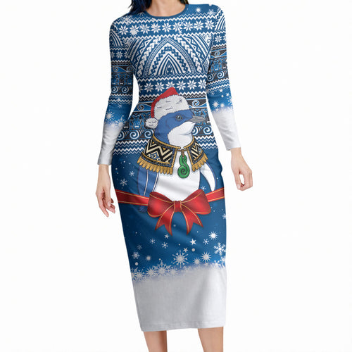 New Zealand Fairy Penguin Korora Christmas Long Sleeve Bodycon Dress Maori Inspired Knitted Patterns
