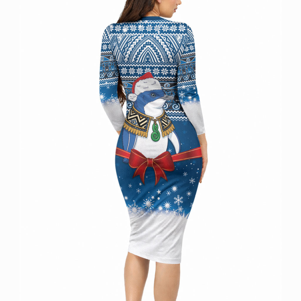 New Zealand Fairy Penguin Korora Christmas Long Sleeve Bodycon Dress Maori Inspired Knitted Patterns