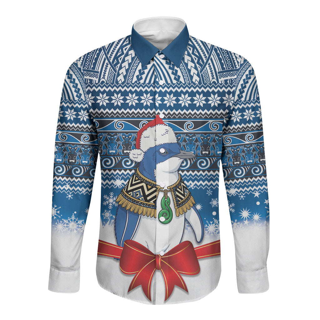 New Zealand Fairy Penguin Korora Christmas Long Sleeve Button Shirt Maori Inspired Knitted Patterns