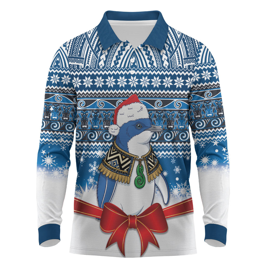 New Zealand Fairy Penguin Korora Christmas Long Sleeve Polo Shirt Maori Inspired Knitted Patterns