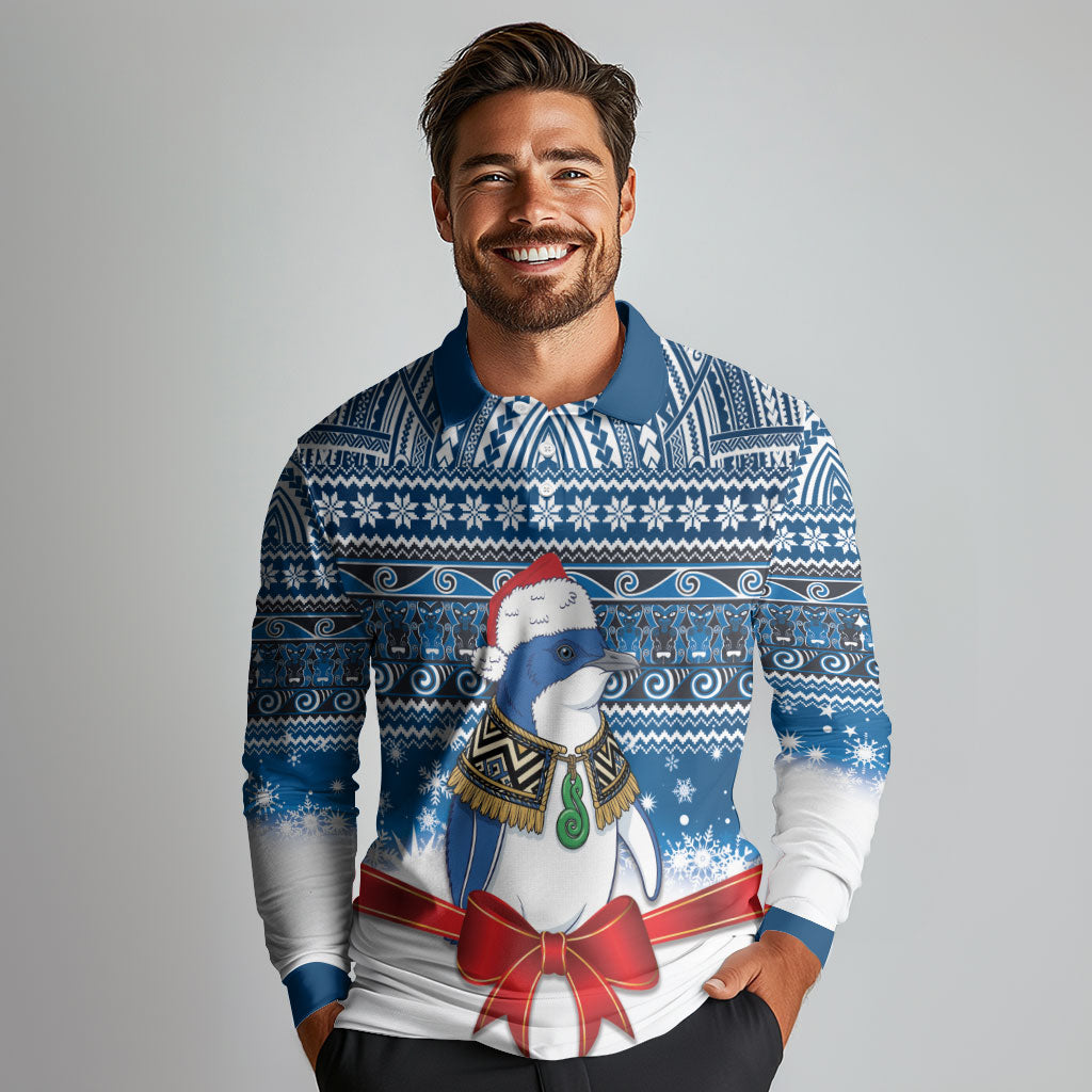 New Zealand Fairy Penguin Korora Christmas Long Sleeve Polo Shirt Maori Inspired Knitted Patterns