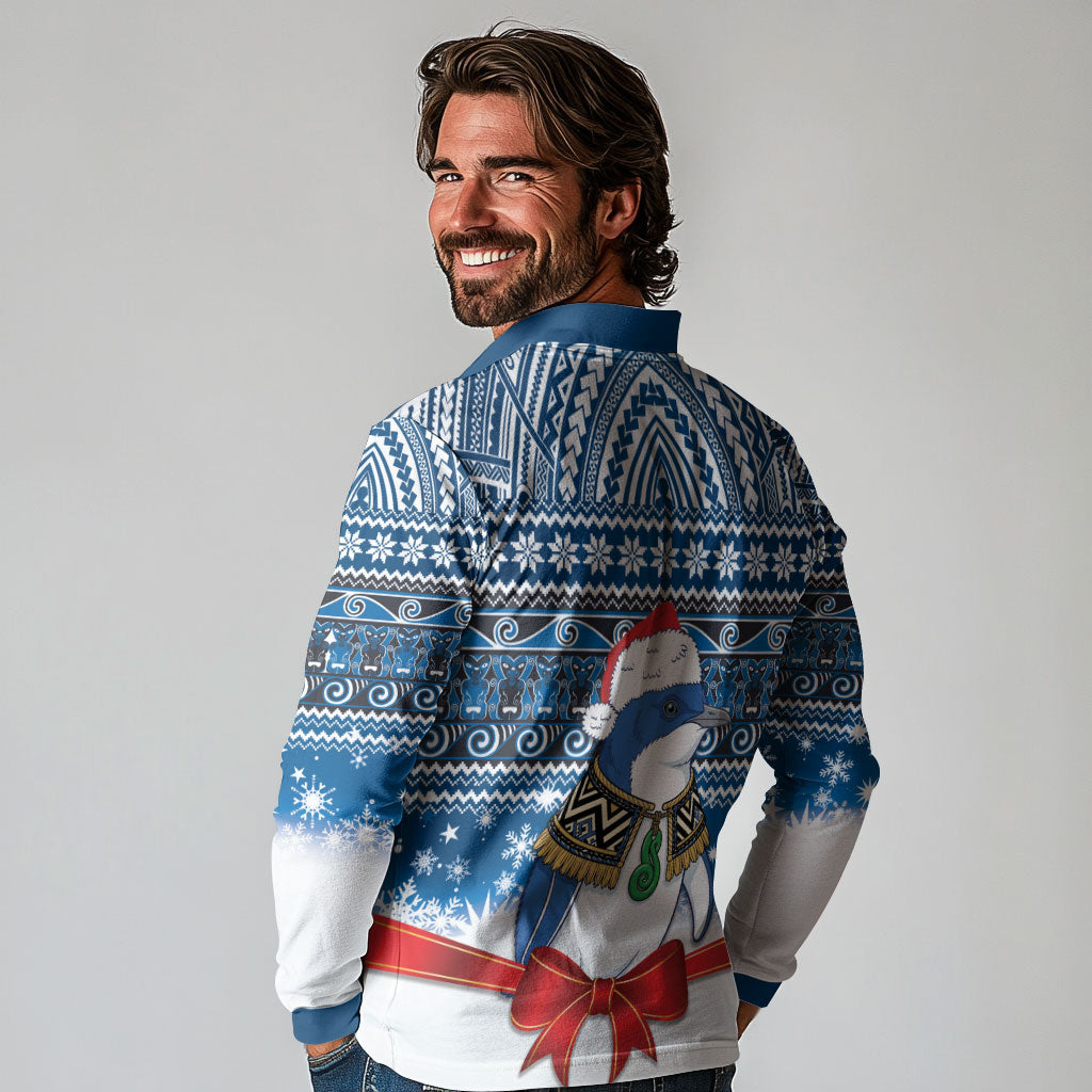 New Zealand Fairy Penguin Korora Christmas Long Sleeve Polo Shirt Maori Inspired Knitted Patterns
