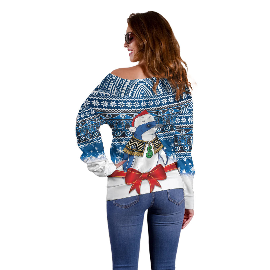 New Zealand Fairy Penguin Korora Christmas Off Shoulder Sweater Maori Inspired Knitted Patterns