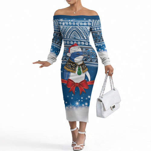 New Zealand Fairy Penguin Korora Christmas Off The Shoulder Long Sleeve Dress Maori Inspired Knitted Patterns