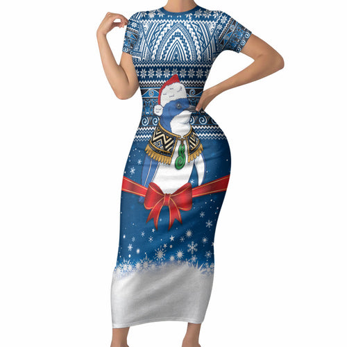 New Zealand Fairy Penguin Korora Christmas Short Sleeve Bodycon Dress Maori Inspired Knitted Patterns