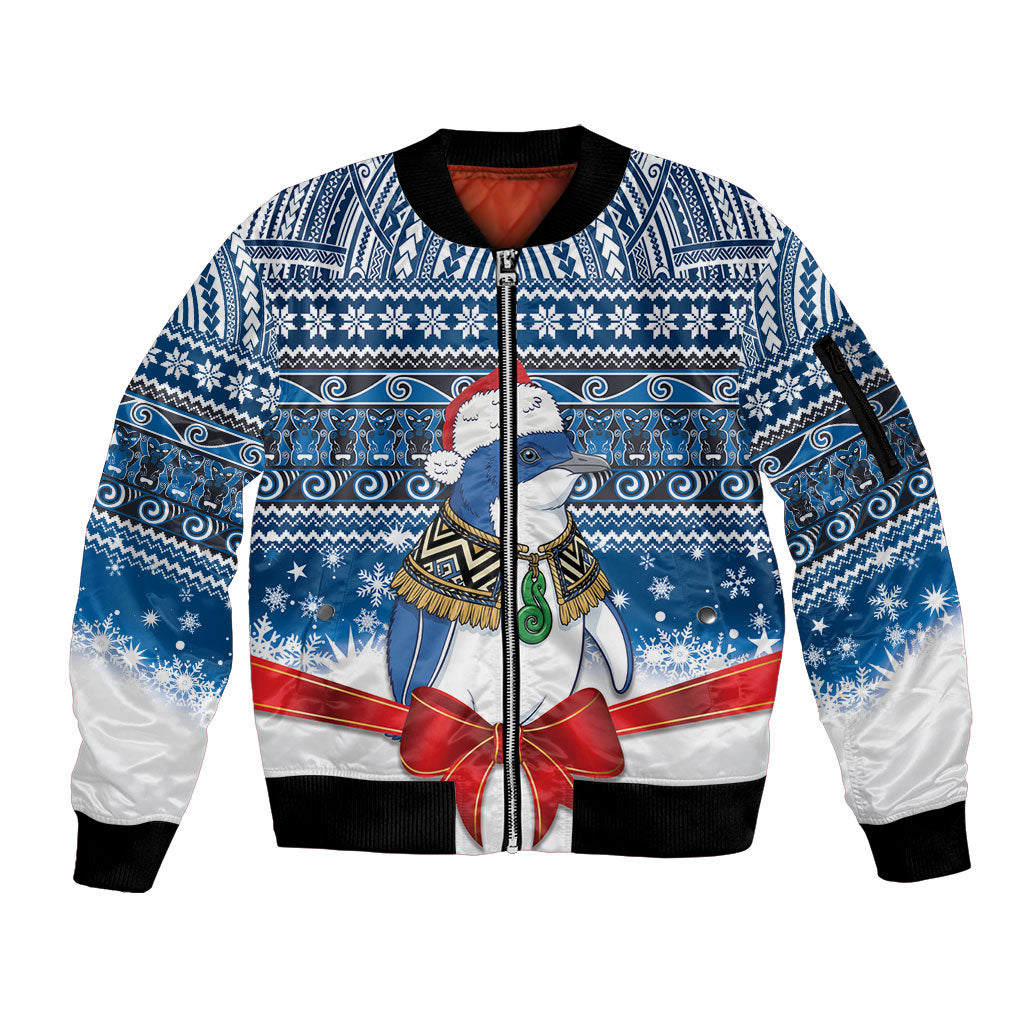 New Zealand Fairy Penguin Korora Christmas Sleeve Zip Bomber Jacket Maori Inspired Knitted Patterns