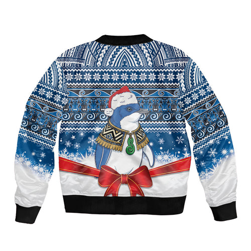 New Zealand Fairy Penguin Korora Christmas Sleeve Zip Bomber Jacket Maori Inspired Knitted Patterns