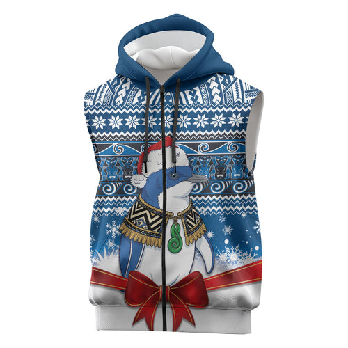 New Zealand Fairy Penguin Korora Christmas Sleeveless Zip Hoodie Maori Inspired Knitted Patterns