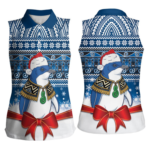 New Zealand Fairy Penguin Korora Christmas Women Sleeveless Polo Shirt Maori Inspired Knitted Patterns