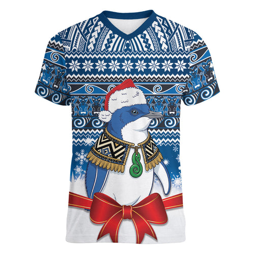 New Zealand Fairy Penguin Korora Christmas Women V-Neck T-Shirt Maori Inspired Knitted Patterns