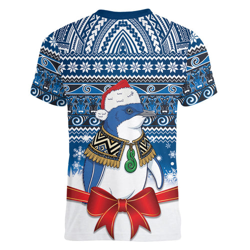 New Zealand Fairy Penguin Korora Christmas Women V-Neck T-Shirt Maori Inspired Knitted Patterns