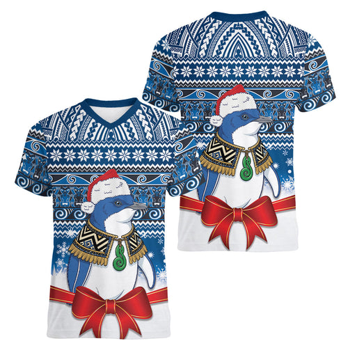 New Zealand Fairy Penguin Korora Christmas Women V-Neck T-Shirt Maori Inspired Knitted Patterns