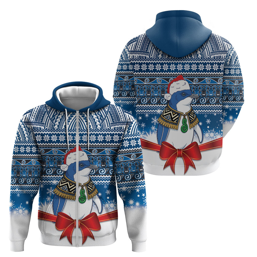 New Zealand Fairy Penguin Korora Christmas Zip Hoodie Maori Inspired Knitted Patterns