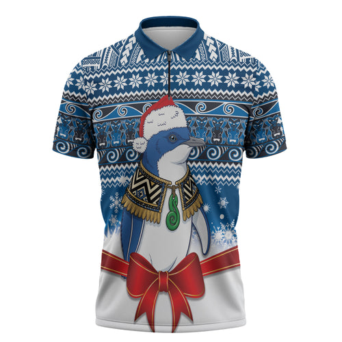 New Zealand Fairy Penguin Korora Christmas Zipper Polo Shirt Maori Inspired Knitted Patterns