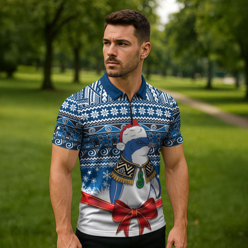 New Zealand Fairy Penguin Korora Christmas Zipper Polo Shirt Maori Inspired Knitted Patterns