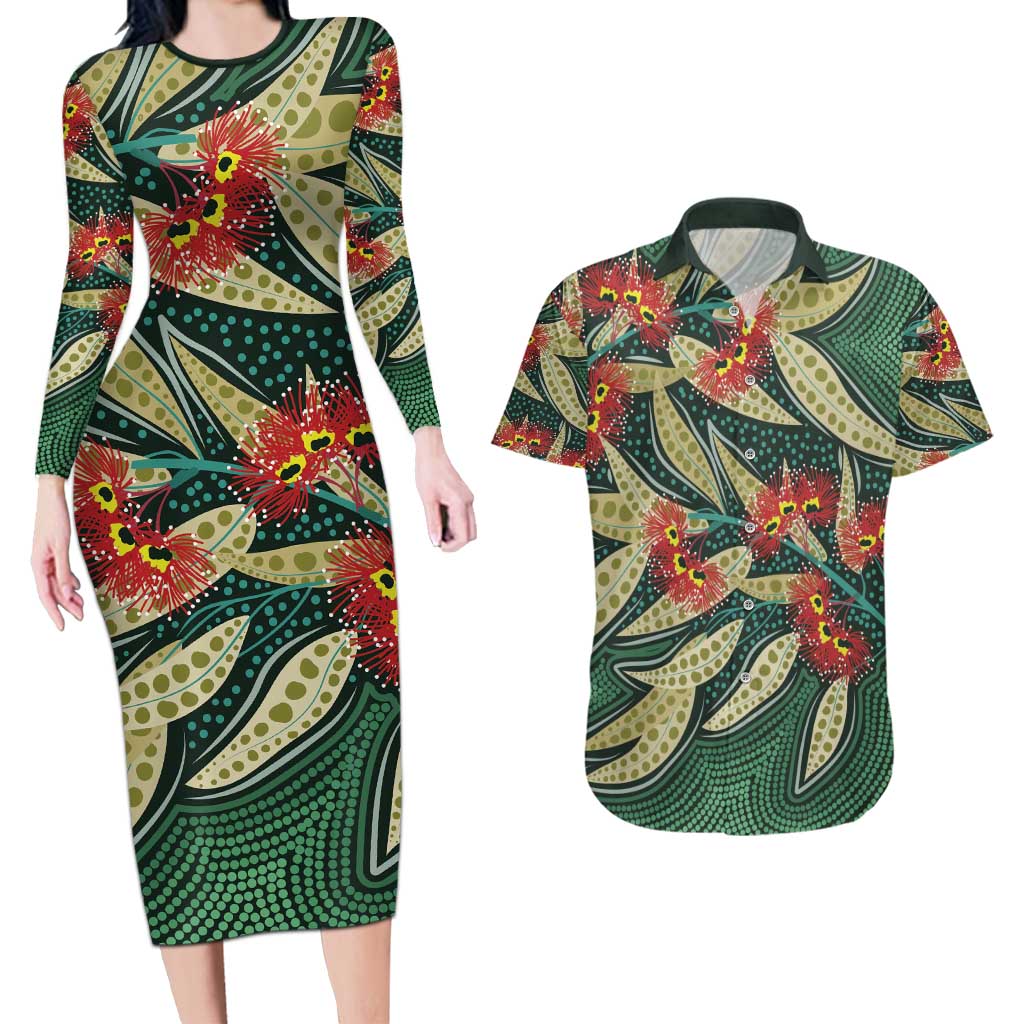 Australian Native Eucalyptus Plant Couples Matching Long Sleeve Bodycon Dress and Hawaiian Shirt Aboriginal Dot Art