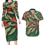 Australian Native Eucalyptus Plant Couples Matching Long Sleeve Bodycon Dress and Hawaiian Shirt Aboriginal Dot Art