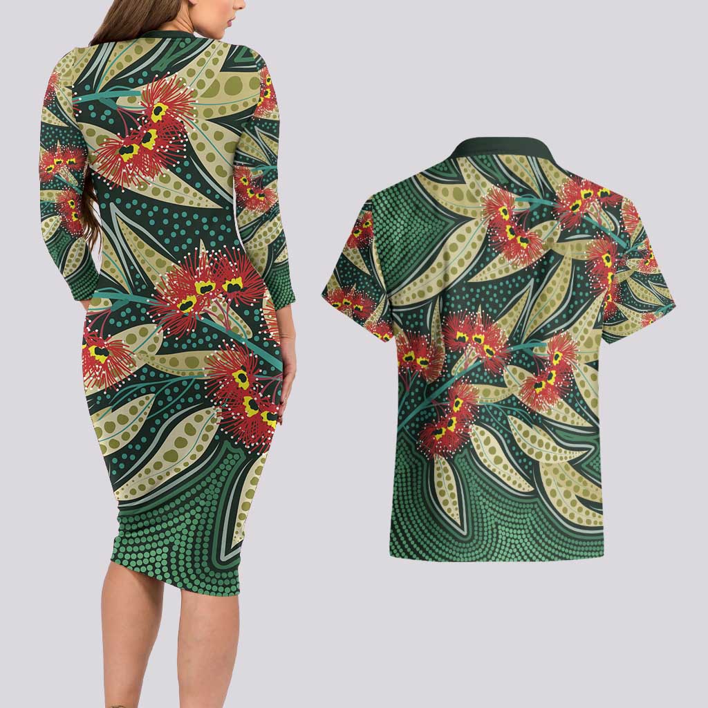 Australian Native Eucalyptus Plant Couples Matching Long Sleeve Bodycon Dress and Hawaiian Shirt Aboriginal Dot Art