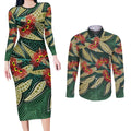 Australian Native Eucalyptus Plant Couples Matching Long Sleeve Bodycon Dress and Long Sleeve Button Shirt Aboriginal Dot Art