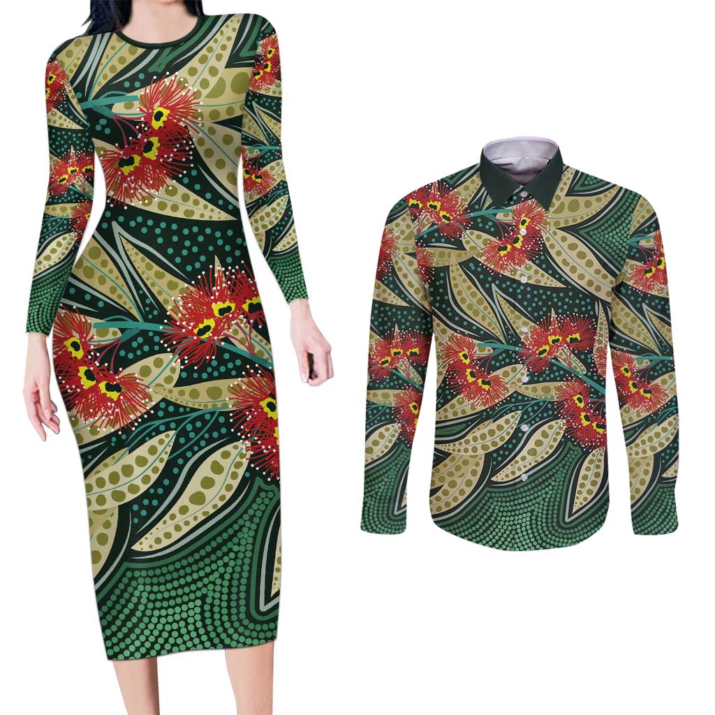 Australian Native Eucalyptus Plant Couples Matching Long Sleeve Bodycon Dress and Long Sleeve Button Shirt Aboriginal Dot Art