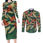 Australian Native Eucalyptus Plant Couples Matching Long Sleeve Bodycon Dress and Long Sleeve Button Shirt Aboriginal Dot Art