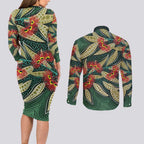 Australian Native Eucalyptus Plant Couples Matching Long Sleeve Bodycon Dress and Long Sleeve Button Shirt Aboriginal Dot Art