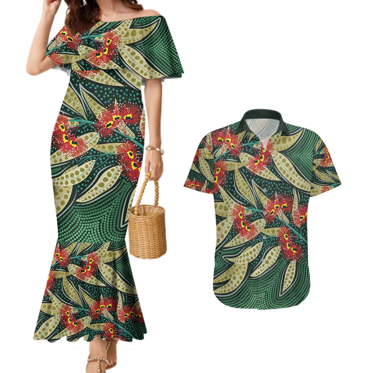 Australian Native Eucalyptus Plant Couples Matching Mermaid Dress and Hawaiian Shirt Aboriginal Dot Art