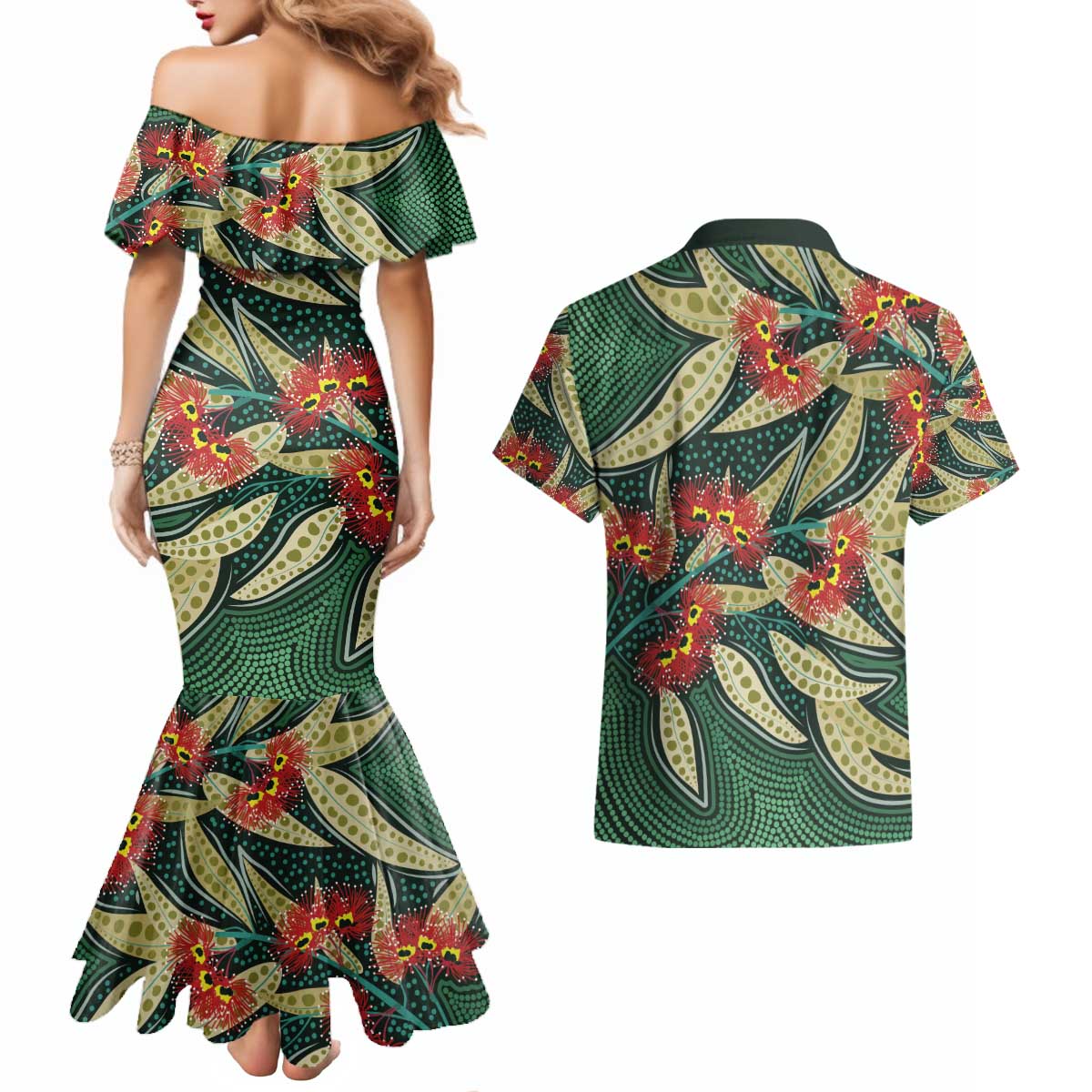 Australian Native Eucalyptus Plant Couples Matching Mermaid Dress and Hawaiian Shirt Aboriginal Dot Art